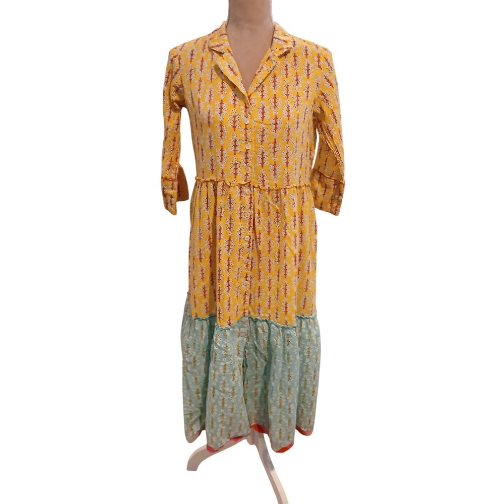 Global Desi Yellow Mint Green Tree Print Button Front Midi Dress Medium Modest